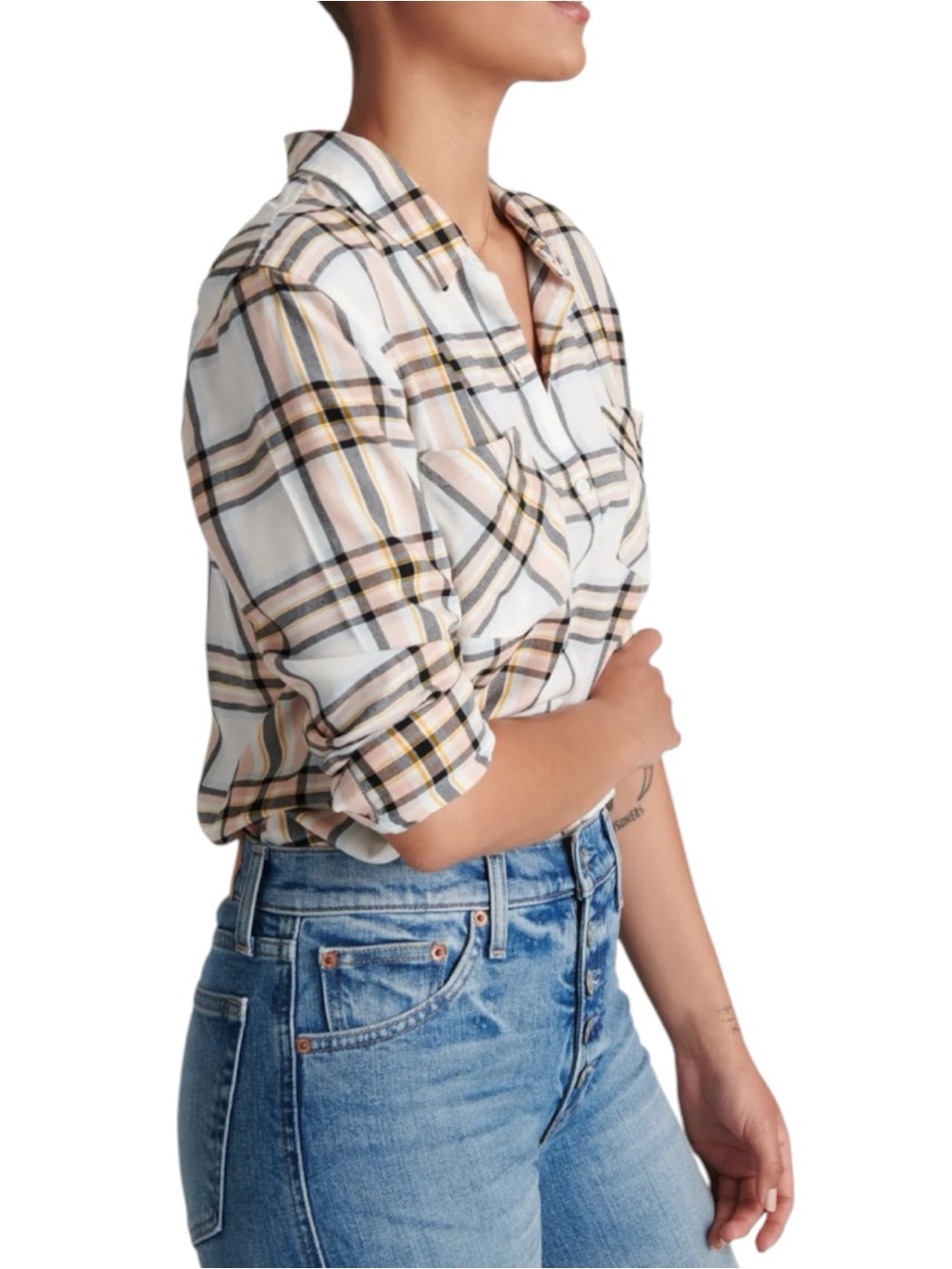 Lucky Brand Cream/White Button Front Collared Roll Tab Sleeve Plaid Shirt